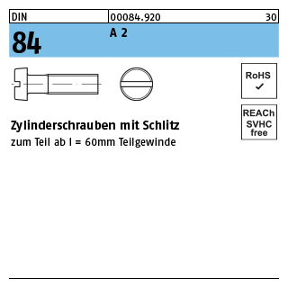 DIN 84 A 2 Zylinderschrauben mit Schlitz - Abmessung: M 2 x 4, Inhalt: 1000 Stück