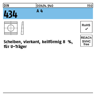 DIN 434 A 4 Scheiben, vierkant, keilförmig 8 %, für U-Träger - Abmessung: 13,5, Inhalt: 50 Stück