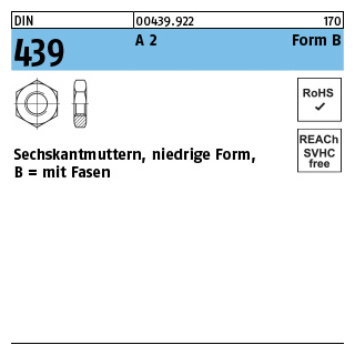 DIN 439 A 2 Form B Sechskantmuttern, niedrige Form, mit Fasen - Abmessung: BM 2, Inhalt: 100 Stück