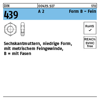 DIN 439 A 2 Form B Fein Sechskantmuttern, niedrige Form, mit metrischem Feingewinde, mit Fasen - Abmessung: BM 8 x 1, Inhalt: 100 Stück