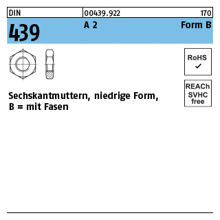 DIN 439 A 2 Form B Sechskantmuttern, niedrige Form, mit Fasen - Abmessung: BM 22, Inhalt: 10 Stück