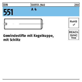 DIN 551 A 4 Gewindestifte mit Kegelkuppe, mit Schlitz - Abmessung: M 3 x 4, Inhalt: 50 Stück