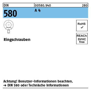 DIN 580 A 4 Ringschrauben - Abmessung: M 6 - kl. Grundkörper, Inhalt: 25 Stück