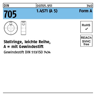 ~DIN 705 1.4571 (A 5) Form A Stellringe, leichte Reihe, mit Gewindestift - Abmessung: A 8 x 16 x 8, Inhalt: 10 Stück