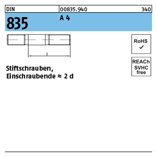 DIN 835 A 4 Stiftschrauben, Einschraubende = 2 d - Abmessung: M 6 x 25, Inhalt: 25 Stück