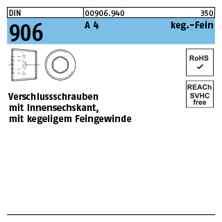 DIN 906 A 4 keg.-Fein verschlussschrauben mit Innensechskant, mit kegeligem Feingewinde - Abmessung: M 14 x 1,5, Inhalt: 100 Stück