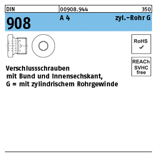 DIN 908 A 4 zyl.-Rohr G verschlussschrauben mit Bund und Innensechskant,mit zyl. Rohrgewinde - Abmessung: G 1 1/2 A, Inhalt: 1 Stück