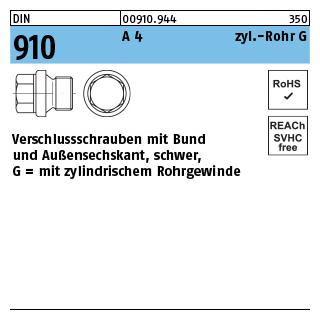 DIN 910 A 4 zyl.-Rohr G verschlussschrauben mit Bund und Außensechskant, schwer, m. zyl. Rohrgew. - Abmessung: G 3/8 A, Inhalt: 10 Stück