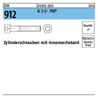 DIN 912 A 2 - 70 Zylinderschrauben mit Innensechskant - Abmessung: M 1,6 x 8*, Inhalt: 100 Stück