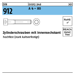 DIN 912 A 4 - 80 Zylinderschrauben mit Innensechskant - Abmessung: M 6 x 10, Inhalt: 100 Stück