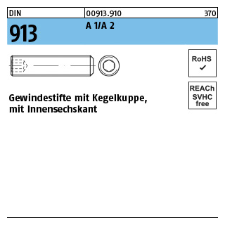 DIN 913 A 1/A 2 Gewindestifte mit Kegelkuppe, mit Innensechskant - Abmessung: M 2 x 4, Inhalt: 500 Stück