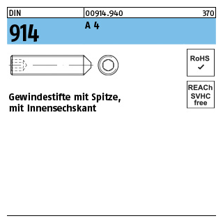 DIN 914 A 4 Gewindestifte mit Spitze, mit Innensechskant - Abmessung: M 4 x 10, Inhalt: 500 Stück