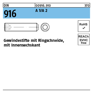 DIN 916 A 1/A 2 Gewindestifte mit Ringschneide, mit Innensechskant - Abmessung: M 2 x 2, Inhalt: 500 Stück