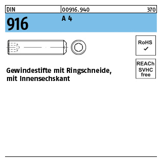 DIN 916 A 4 Gewindestifte mit Ringschneide, mit Innensechskant - Abmessung: M 3 x 6, Inhalt: 500 Stück