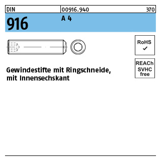 DIN 916 A 4 Gewindestifte mit Ringschneide, mit Innensechskant - Abmessung: M 12 x 16, Inhalt: 50 Stück