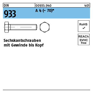 DIN 933 A 4 - 70 Sechskantschrauben mit Gewinde bis Kopf - Abmessung: M 3 x 6*, Inhalt: 100 Stück