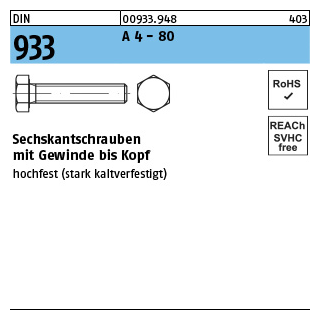 DIN 933 A 4 - 80 Sechskantschrauben mit Gewinde bis Kopf - Abmessung: M 6 x 10, Inhalt: 100 Stück