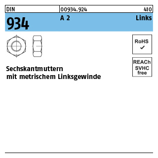 DIN 934 A 2 Links Sechskantmuttern mit metrischem Linksgewinde - Abmessung: M 5 -LH, Inhalt: 100 Stück