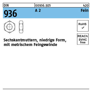 DIN 936 A 2 Fein Sechskantmuttern, niedrige Form mit metrischem Feingewinde - Abmessung: M 10 x 1, Inhalt: 50 Stück