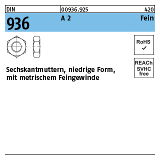 DIN 936 A 2 Fein Sechskantmuttern, niedrige Form mit metrischem Feingewinde - Abmessung: M 12 x 1,5, Inhalt: 50 Stück