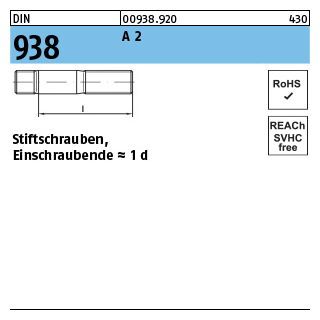 DIN 938 A 2 Stiftschrauben, Einschraubende = 1 d - Abmessung: M 6 x 20, Inhalt: 25 Stück