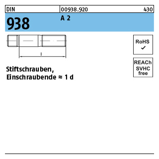 DIN 938 A 2 Stiftschrauben, Einschraubende = 1 d - Abmessung: M 16 x 75, Inhalt: 10 Stück