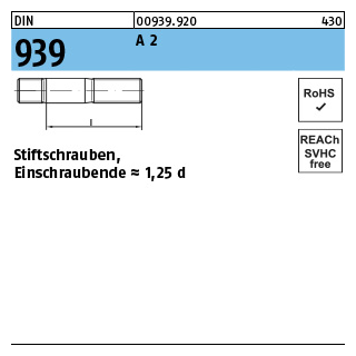 DIN 939 A 2 Stiftschrauben, Einschraubende = 1,25 d - Abmessung: M 6 x 20, Inhalt: 25 Stück