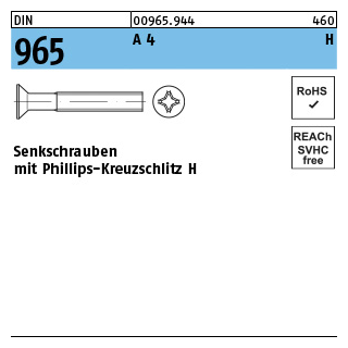 DIN 965 A 4 H Senkschrauben mit Phillips-Kreuzschlitz H - Abmessung: M 5 x 16 -H, Inhalt: 500 Stück