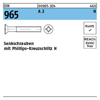 DIN 965 A 2 H Senkschrauben mit Phillips-Kreuzschlitz H - Abmessung: M 6 x 35 -H, Inhalt: 200 Stück
