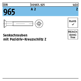 DIN 965 A 2 Z Senkschrauben mit Pozidriv-Kreuzschlitz Z - Abmessung: M 6 x 110 -Z, Inhalt: 100 Stück