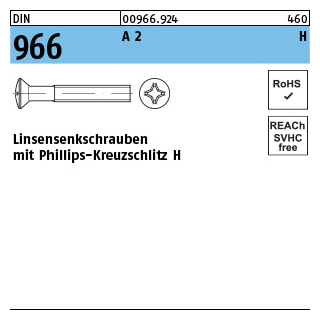 DIN 966 A 2 H Linsensenkschrauben mit Phillips-Kreuzschlitz H - Abmessung: M 2,5 x 8 -H, Inhalt: 1000 Stück