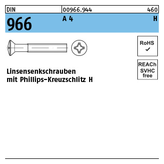 DIN 966 A 4 H Linsensenkschrauben mit Phillips-Kreuzschlitz H - Abmessung: M 3 x 20 -H, Inhalt: 1000 Stück