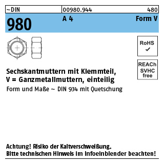 ~DIN 980 A 4 Form V Sechskantmuttern mit Klemmteil, Ganzmetallmuttern, einteilig - Abmessung: VM 5, Inhalt: 100 Stück