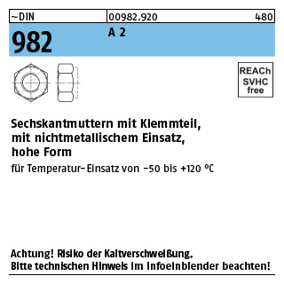 ~DIN 982 A 2 Sechskantmuttern mit Klemmteil, mit nichtmetallischem Einsatz, hohe Form - Abmessung: M 5, Inhalt: 100 Stück