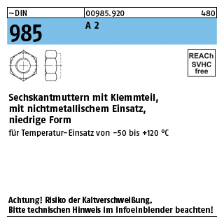 ~DIN 985 A 2 Sechskantmuttern mit Klemmteil, mit nichtmetallischem Einsatz, niedrige Form - Abmessung: M 5, Inhalt: 100 Stück