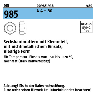 ~DIN 985 A 4 - 80 Sechskantmuttern mit Klemmteil, mit nichtmetallischem Einsatz, niedrige Form - Abmessung: M 5, Inhalt: 1000 Stück