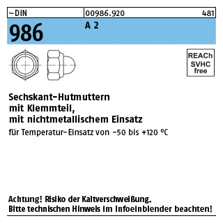 ~DIN 986 A 2 Sechskant-Hutmuttern mit Klemmteil mit nichtmetallischem Einsatz - Abmessung: M 6, Inhalt: 100 Stück