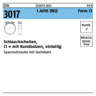 DIN 3017 1.4016 (W2) Form C1 Schlauchschellen, mit Rundbolzen, einteilig - Abmessung: 43- 47/20, Inhalt: 50 Stück