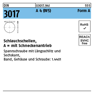 DIN 3017 A 4 (W5) Form A Schlauchschellen, mit Schneckenantrieb - Abmessung: 50- 70/ 9 C7, Inhalt: 50 Stück