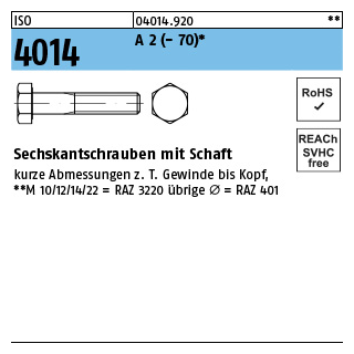 ISO 4014 A 2 - 70 Sechskantschrauben mit Schaft - Abmessung: M 6 x 50, Inhalt: 100 Stück