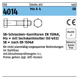 ISO 4014 Mu A 4 SB SB-Schrauben-Garnituren EN 15048, mit Sechskantmutter ISO 4032 - Abmessung: M 20 x 120, Inhalt: 10 Stück