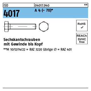 ISO 4017 A 4 - 70 Sechskantschrauben mit Gewinde bis Kopf - Abmessung: M 3 x 10*, Inhalt: 100 Stück