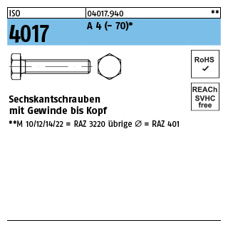ISO 4017 A 4 - 70 Sechskantschrauben mit Gewinde bis Kopf - Abmessung: M 3 x 35*, Inhalt: 100 Stück