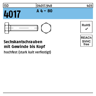 ISO 4017 A 4 - 80 Sechskantschrauben mit Gewinde bis Kopf - Abmessung: M 6 x 16, Inhalt: 100 Stück