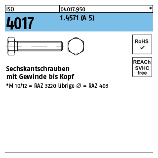 ISO 4017 1.4571 (A 5) Sechskantschrauben mit Gewinde bis Kopf - Abmessung: M 10 x 20, Inhalt: 1 Stück