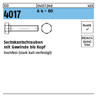 ISO 4017 A 4 - 80 Sechskantschrauben mit Gewinde bis Kopf - Abmessung: M 10 x 45, Inhalt: 100 Stück