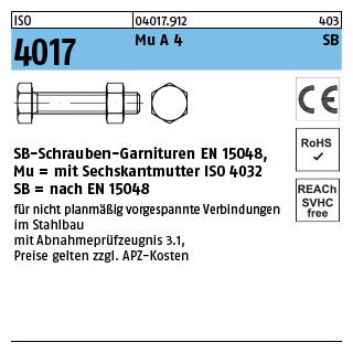 ISO 4017 Mu A 4 SB SB-Schrauben-Garnituren EN 15048, mit Sechskantmutter ISO 4032 - Abmessung: M 12 x 50, Inhalt: 50 Stück