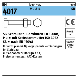 ISO 4017 Mu A 4 SB SB-Schrauben-Garnituren EN 15048, mit Sechskantmutter ISO 4032 - Abmessung: M 20 x 50, Inhalt: 25 Stück