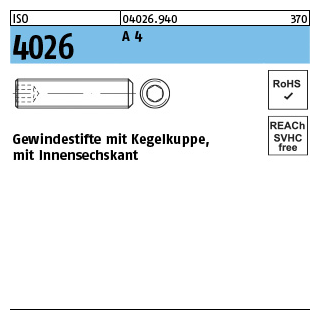 ISO 4026 A 4 Gewindestifte mit Kegelkuppe und Innensechskant - Abmessung: M 3 x 6, Inhalt: 500 Stück