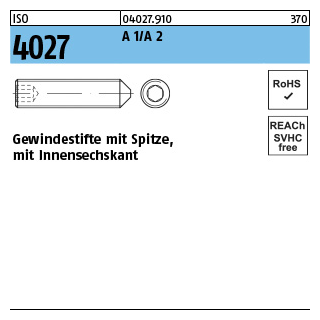 ISO 4027 A 1/A 2 Gewindestifte mit Spitze und Innensechskant - Abmessung: M 2 x 2, Inhalt: 500 Stück